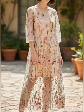 Vintage Bohemian Floral Embroidered Elegant Sheer Dress Multicolor Prom Bridal